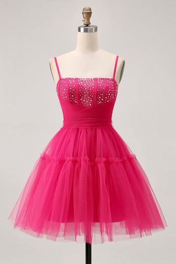 Fuchsia A Line Tulle Corset Homecoming Dress with Beading